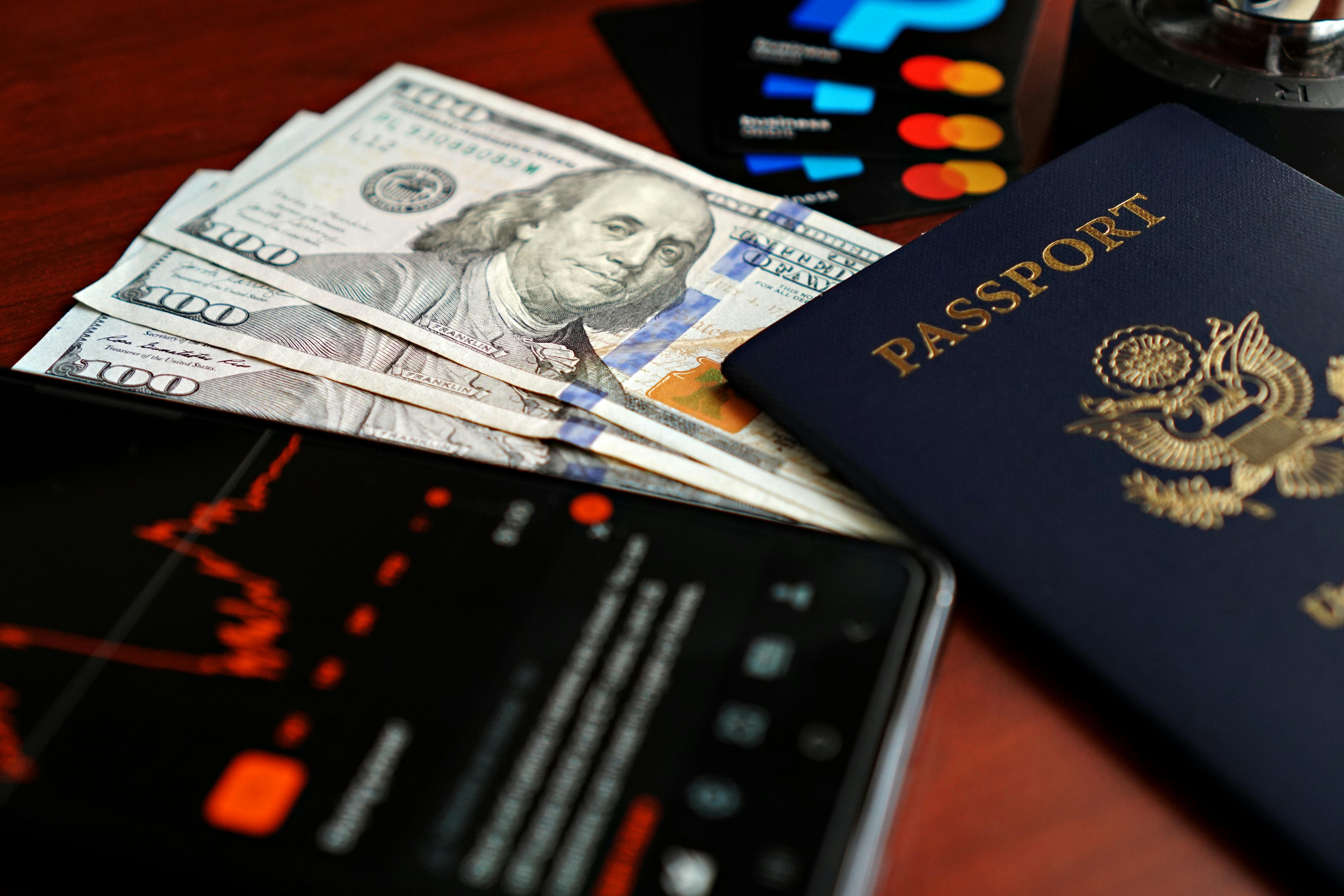 Free US Passport, Cash Debit Cards and Stocks Stock Photo